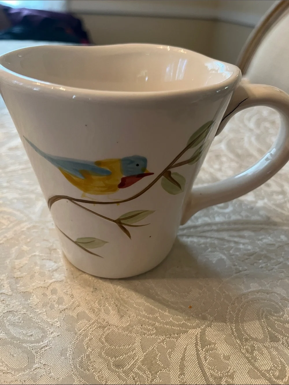 Pier 1 White Ceramic Mug with Blue and Yellow Bird Hand Painted
